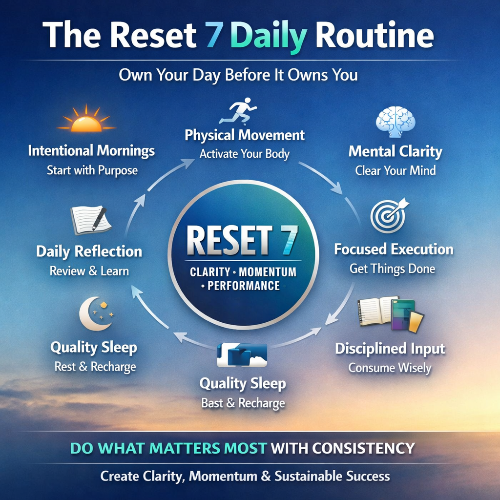 The Reset 7 Daily Routine is a simple structured framework designed to help you take control of your day before your day takes control of you It focus-1