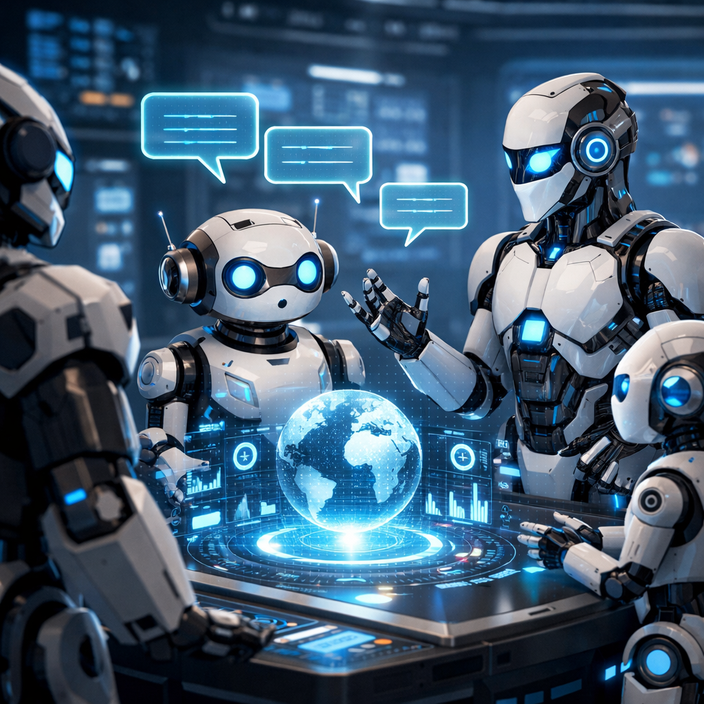 show me a robot with other robots communicating-1